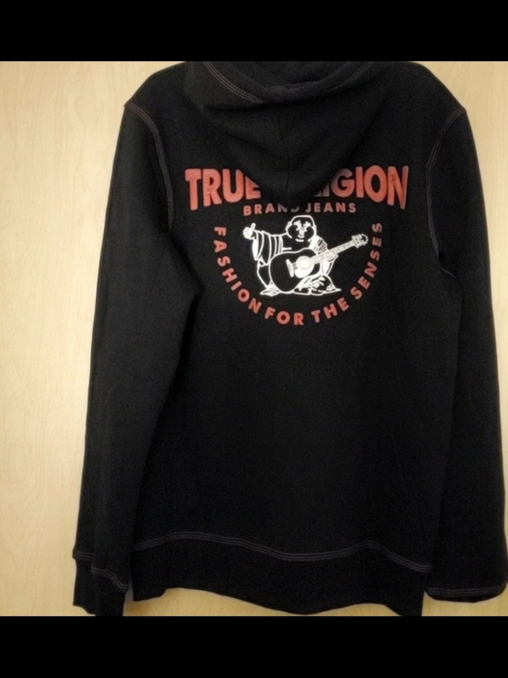 True Religion Jet Black Zip Hoodie with Red Trim, Size S